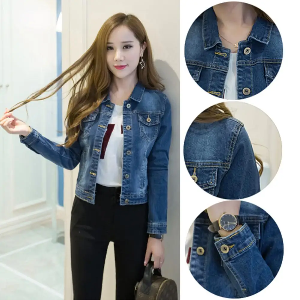 

Korean clothes Women Denim jacket Short Jeans Jacket Turn Down Collar Button Denim Outwear For women's denim jacket