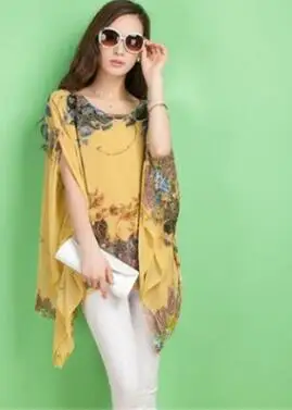 1pcs/lot Summer Casual Fashion Floral Women Ladies Batwing Sleeve Loose Chiffon Floral Printed Blouse Top