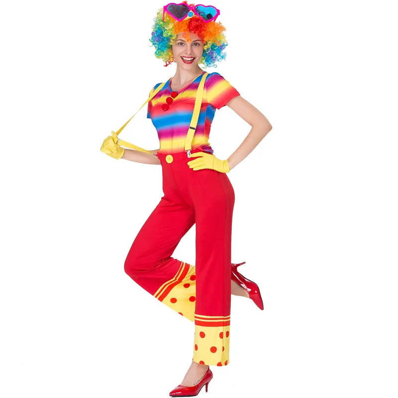 Colored Stripes Women Halloween Circus Clown Costumes Female Droll Joker Cosplay Carnival Purim Nightclub Role Play Party Dress