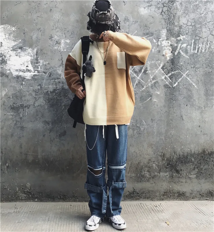Winter Turtleneck Sweater Men's Warm Fashion Contrast Casual Knit Pullover Men Streetwear Hip Hop Knitting Sweaters Male Clothes