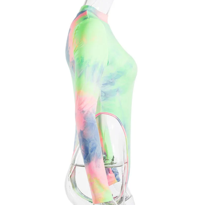 

ONEINALL Sexy Jumpsuit For Women O Neck Long Sleeve Tie Dye Tops High Waist Slim Hit Color Bodysuit Female New 2021 Summer Tide