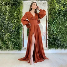 SoDigne – robe de soirée en Satin pour femmes, tenue de soirée de standing, à manches longues, col en V, avec fente latérale, style arabe  (4)