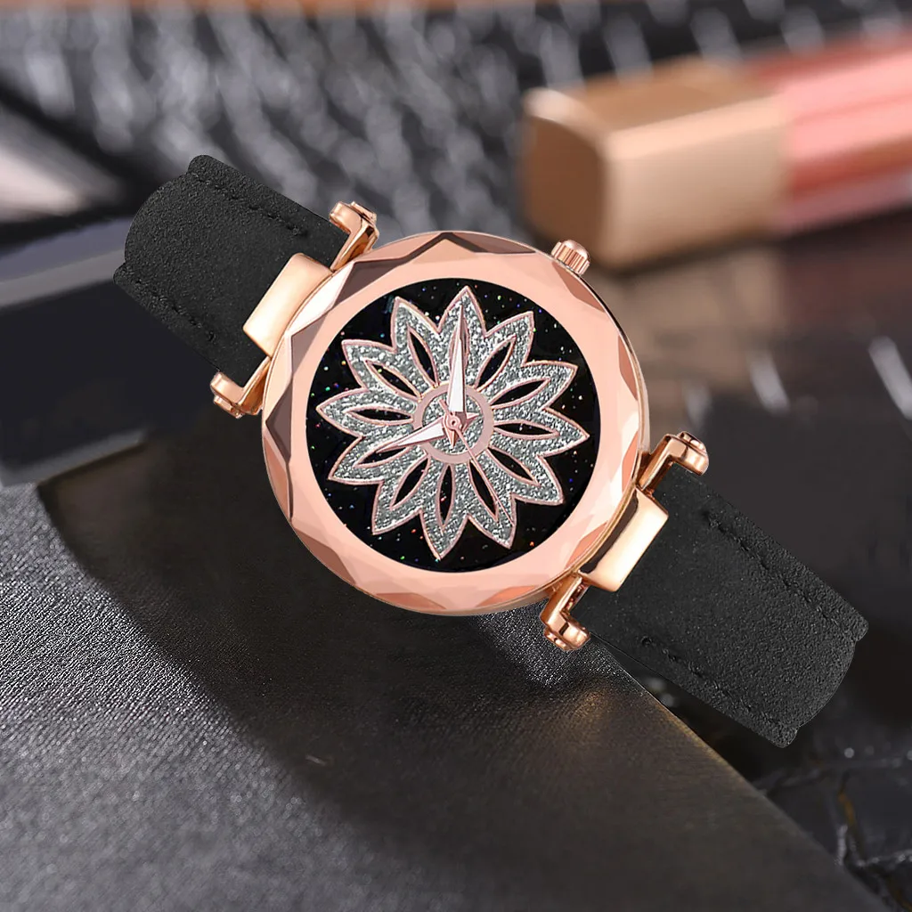 as show Женские часы reloj mujer, лаконичный минималистичный цветок, вращающийся циферблат, ремень, женские кварцевые часы bayan kol saati montre femme - Цвет: as show