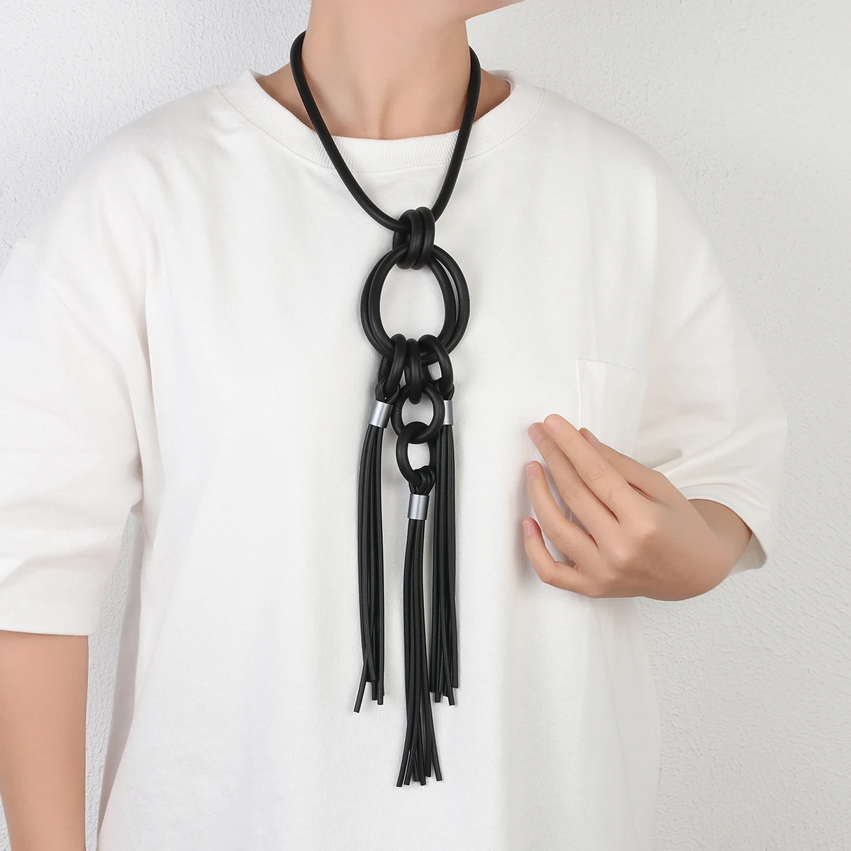 

Amorcome New Design Foam Rubber Lightweight Statement Long Necklace Handmade Circle Tassel Pendant Necklace Women's Jewelry Gift