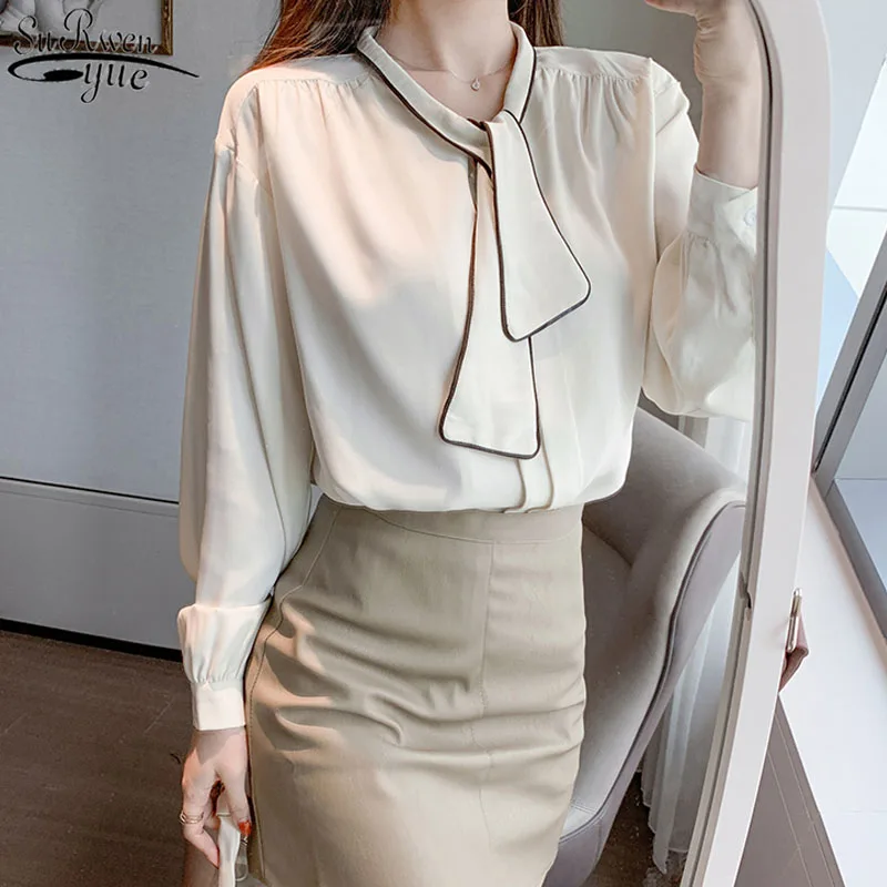 

Office Lady Long Sleeve Solid Female Shirts with Tie 2021 New Fashion Chiffon Blouse Women Plus Size Puff Sleeve Clothing 13046