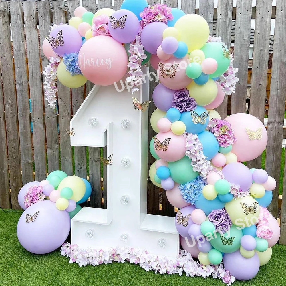 Macaron Balloon Arch 3D Gold Butterfly Stickers Pastel Pink Purple Maca Birthday Balloons Garland Kit Wedding Baby Shower Decor