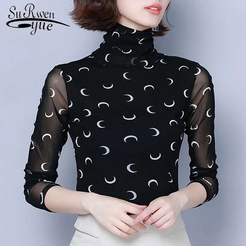 

New 2021 Autumn Mesh Long Sleeve Geometric Blouse Women Clothes OL Turtleneck Print Pullover Shirt Women Tops plus size 7522 50