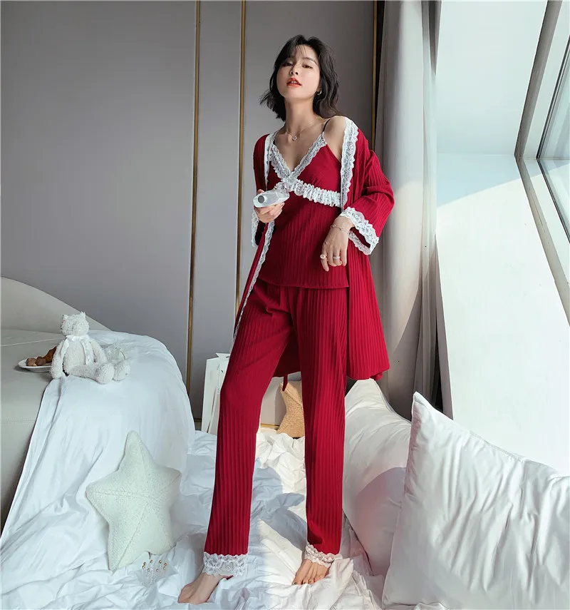 3 Pcs Winter New Long Sleeve Pure Cotton Pajama Set Lace Sexy V Lead Spaghetti Strap With Belt Cardigan Bathrobe | Женская одежда