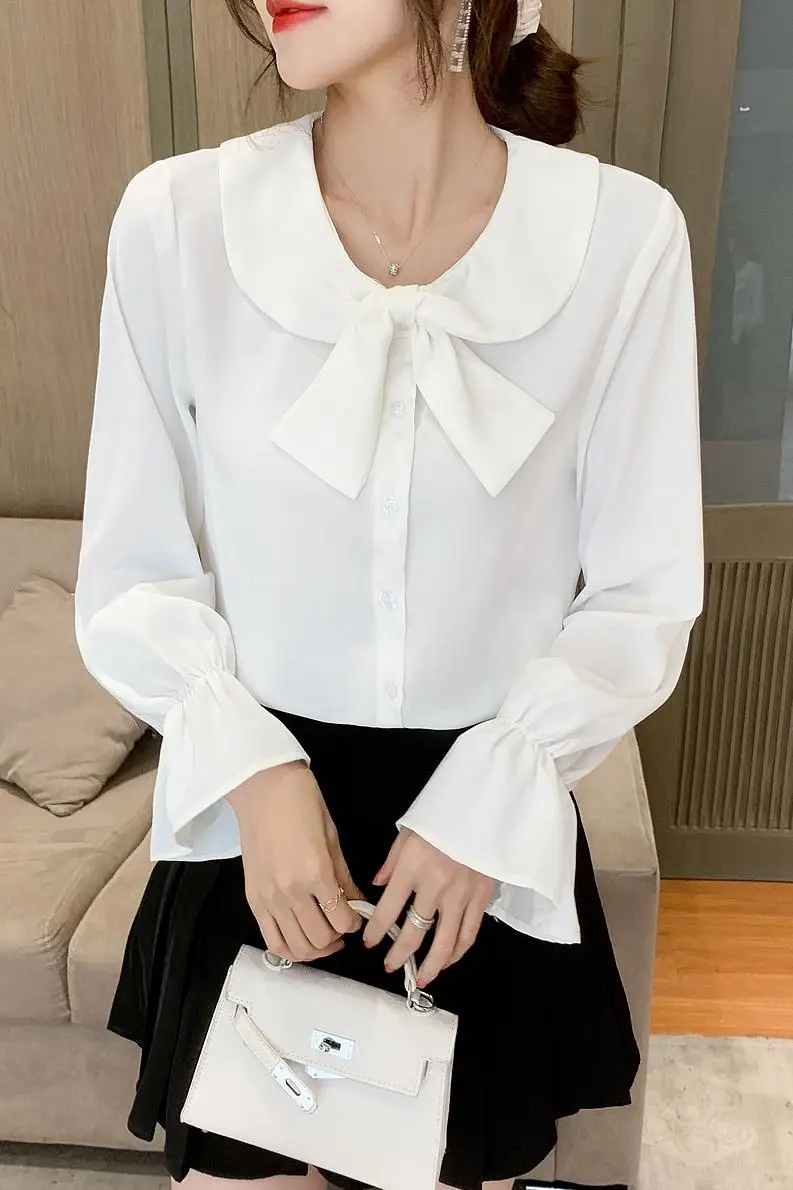 

Houthion Chiffon Slim Women's Blouses New Casual Blouse Fashion Short Sleeve Top Solid Bow Shirt Summer