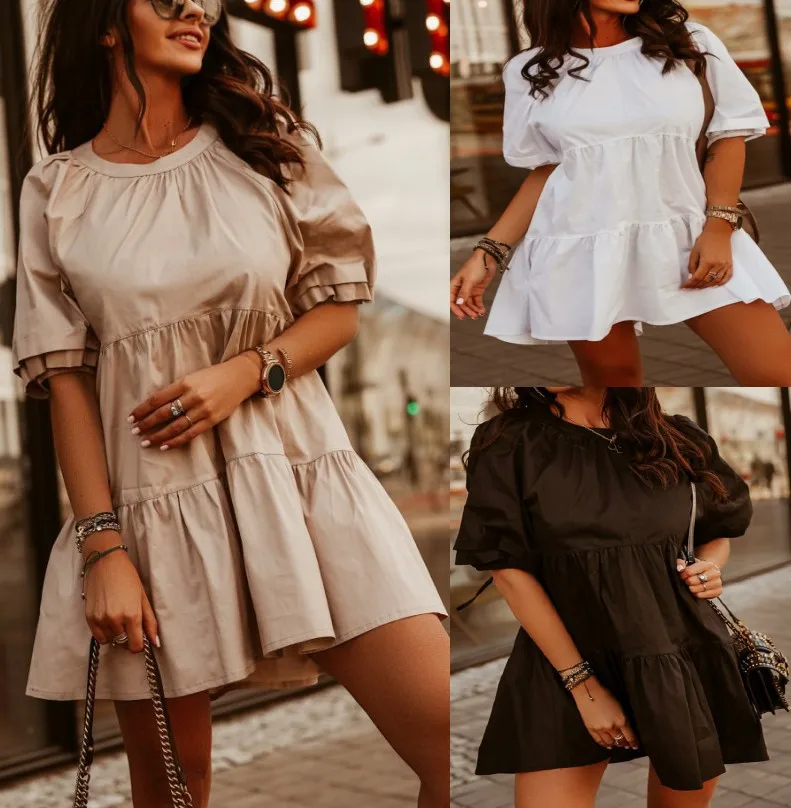 

Summer Short Dress 2021 New Casual O Neck Puff Sleeve Dresses Fashion Vintage Ruffled Hem O-Neck Mini Dress Women Vestidos