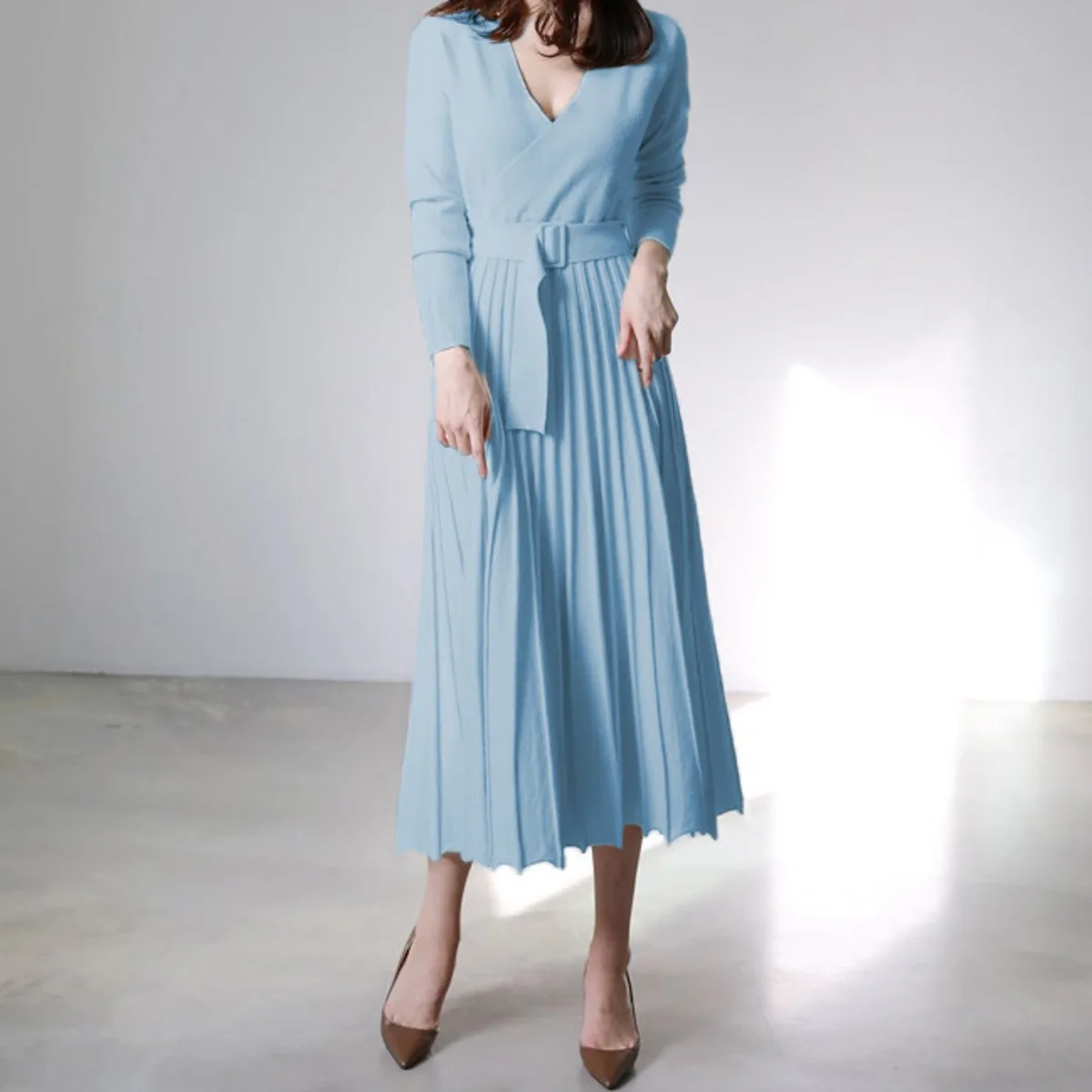 

V Neck Long Sleeve Knitted Pleated Evening Dress Long Elegant Party Dress With Belt Plus Size Vestidos Elegantes Para Mujer