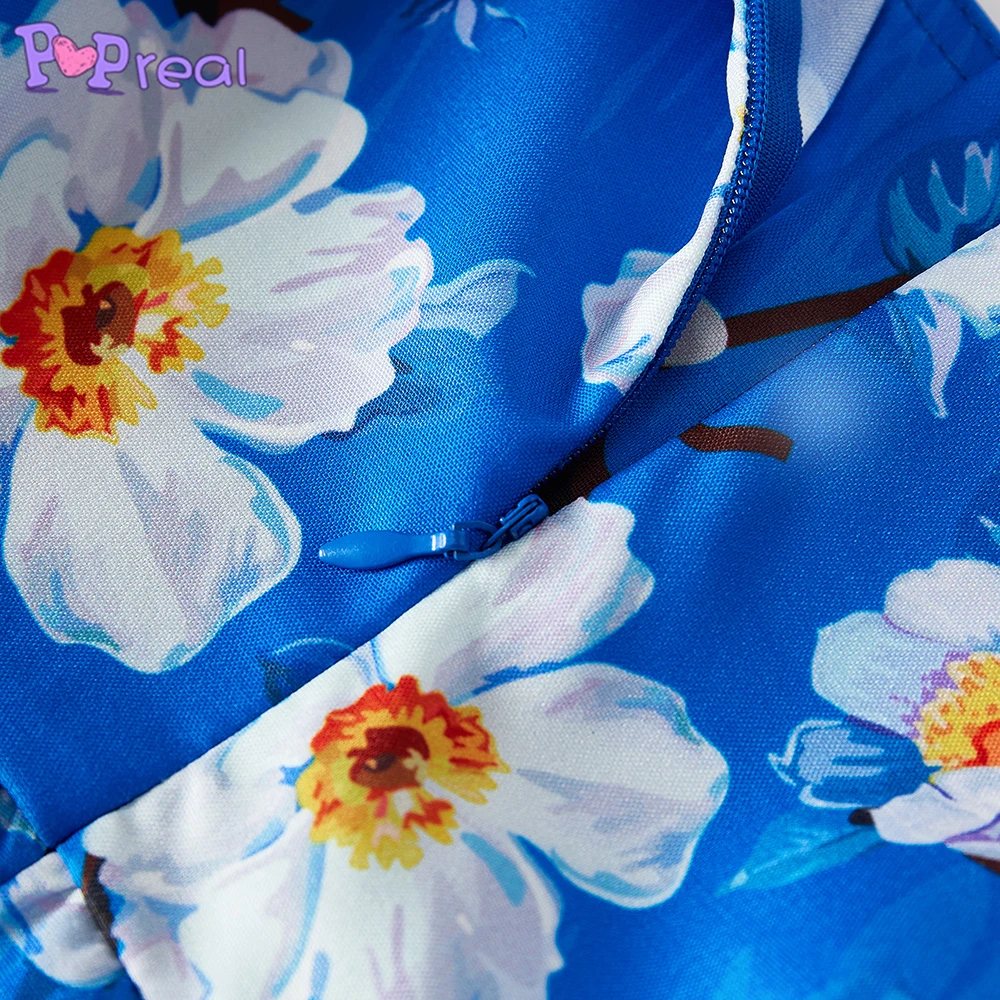 

PopReal Summer Flowers Print Square Girl Family Dress Mom And Daughter Skirt Print Pleated Mother Kids Short Sleeve Dress