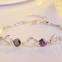 heart connected charm bracelets women fine real silver double bracelet silver color original jewelry purple stone zircon
