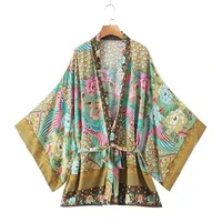 phoenix floral kimon cardigan women print cotton bohemian lace up v neck three quarter batwing sleeve beach summer coats new