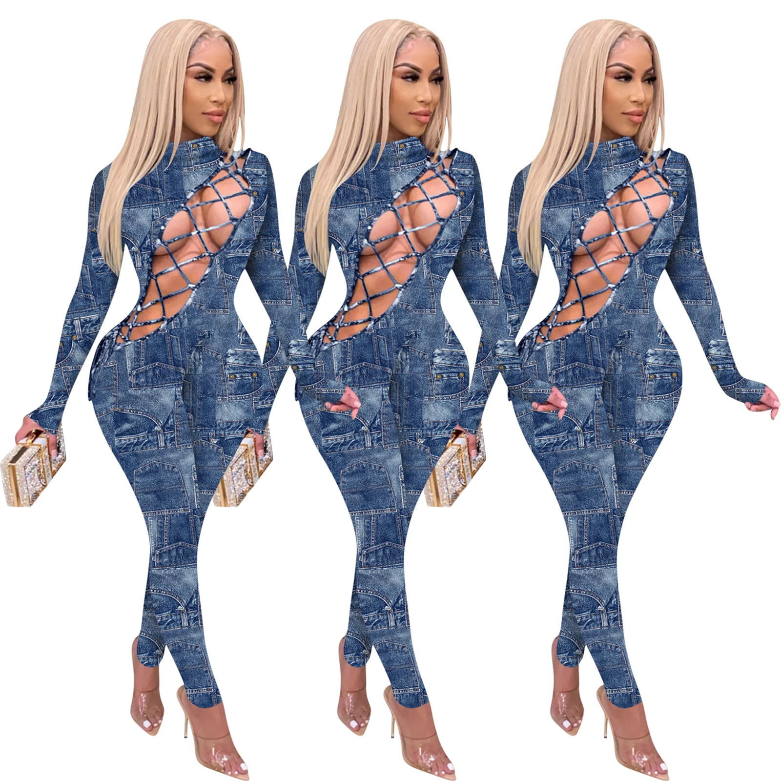 

Imcute Sexy Hollow Out Jumpsuit Spring Fall Demin Look Patchwork Long Sleeve Bodycon Lace-up One-piece Party Streetwear Romper