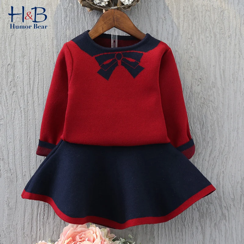 

Humor Bear Girl Knitted Sweater Clothes Sets Long Sleeve Bow Printed Sweater +Skirt 2pcs Warm Kids Clothes For 2-6Y