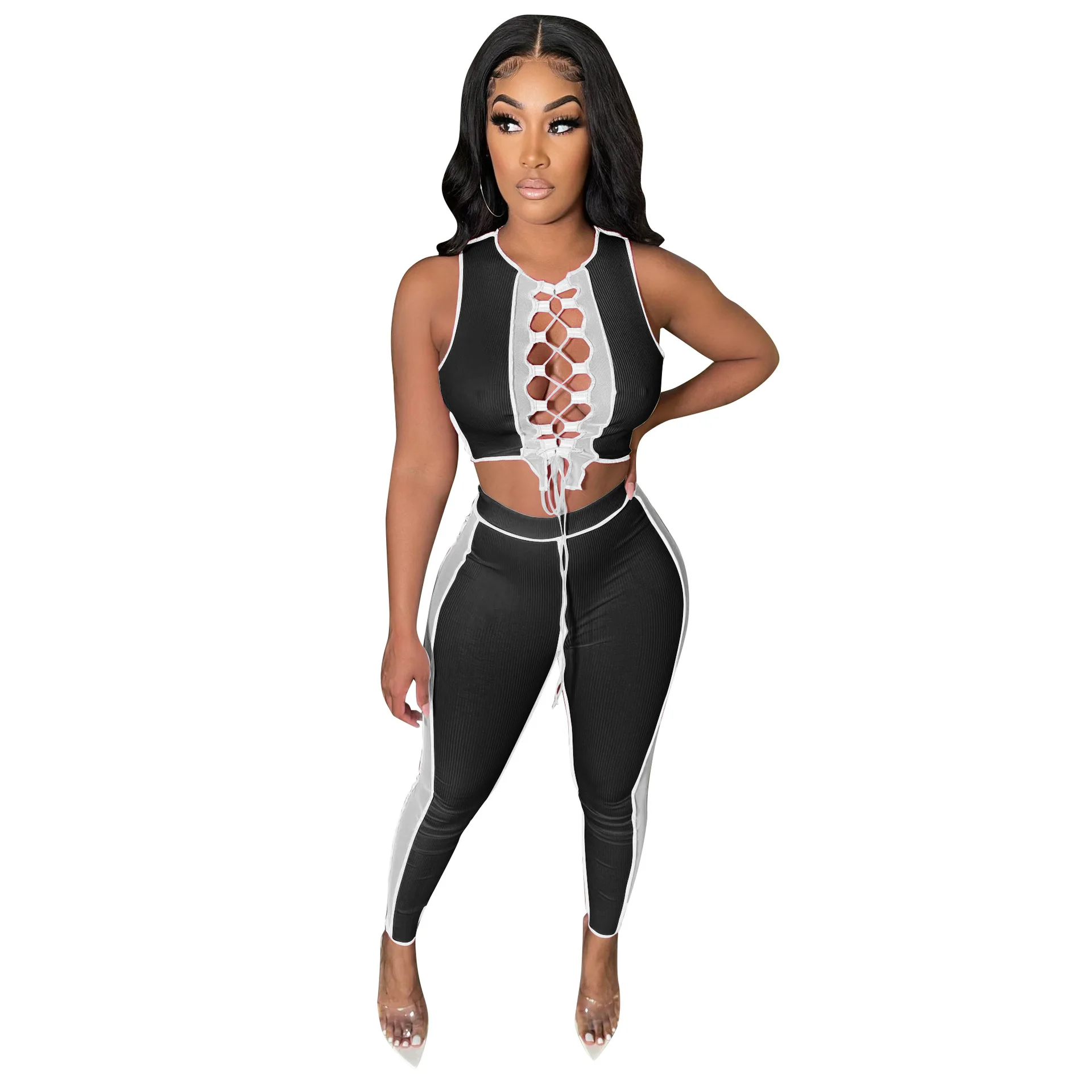 

Women Set Patchwork Sleeveless Bandage Crop Tops Pencil Pants Two 2 Piece Sets Active Tracksuit Fashion Outfit Summer