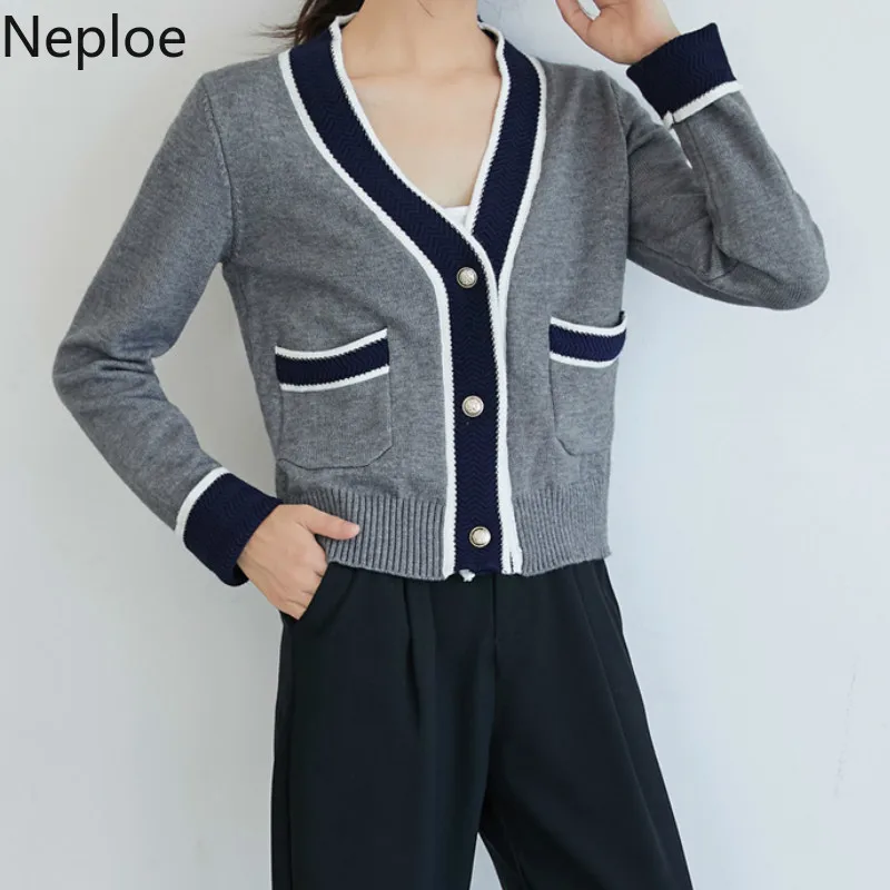 Neploe v-образный вырез контрастный цвет вязаный кардиган свитер небольшой аромат