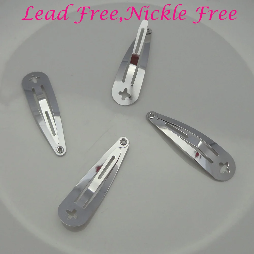 

100PCS 4.0cm 1.5" silver plain Tear drop Metal Snap Clip with cross hole kids hairpins for DIY Hairpins Lead free Nickle free