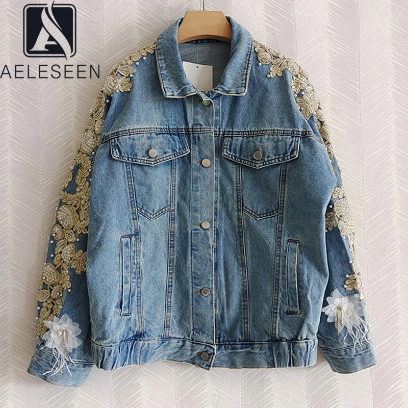 

AELESEEN Desiger Fashion Women Denim Jacket 2021 Autumn Runway New Flower Embroidery 3D Appliques Loose Female Outwear Coat