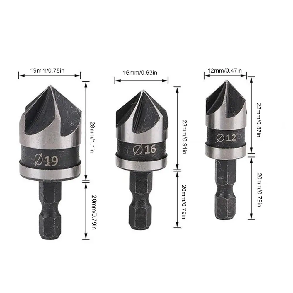 

3PCS 5 Flute Chamfer Countersink 1/4" Hex Shank HSS Wood Chamfering Cutter Chamfer 12/16/19mm Countersink Drill Bit