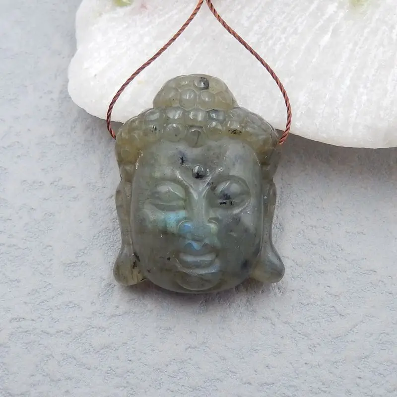 

Hot Sale Natural Stone Flashy Labradorite Carved Buddha Head Drilled Necklace Pendant Bead 31x24x11mm 14g