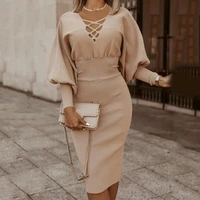 women spring autumn sexy dress solid color bandage v neck long puff sleeve bodycon knee length dress large size 2xl for female