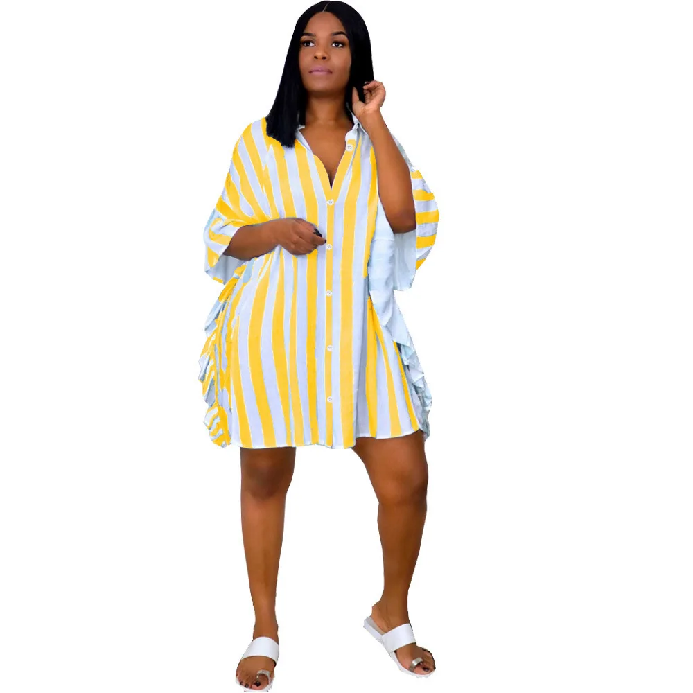 

Мини-платье-рубашка для женщин, летние полосатые платья-футболки на пуговицах, повседневная одежда, Vestidos De Mujer, французское платье для женщи...