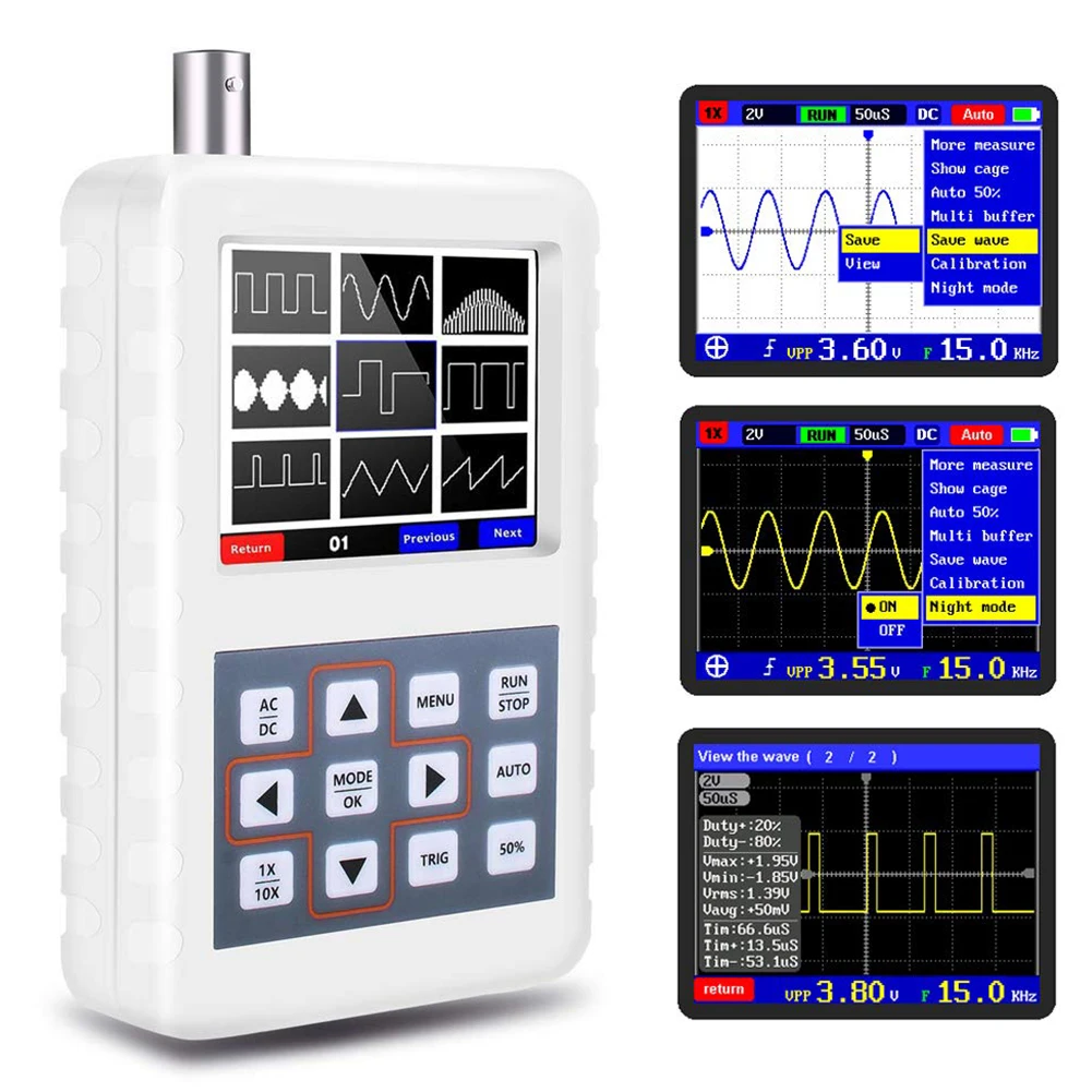 

Mini Digital Oscilloscope 5MHz 20MSps Sampling Rate Handheld Portable Automotive White Oscilloscope Kit Standard Probe Exact