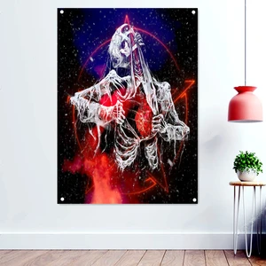 Red Heart Skull Art Rock and Roll Poster Hanging Cloth Heavy Metal Music Banner Canvas Painting Flags With Four Metal Buckle