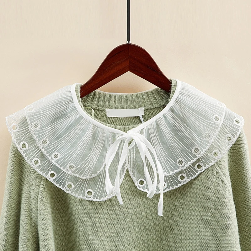 

Korean Style Women Ribbon Bowknot False Fake Collar Double Layer Hollow Out Lapel Big Shawl Wrap Embroidery Trim Elegant