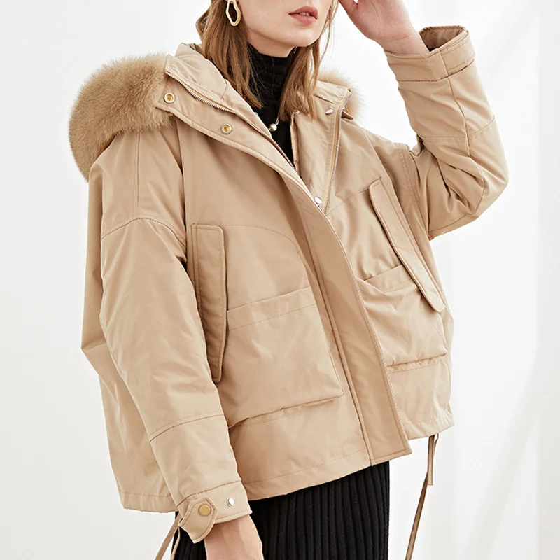 

ZCWXM Winter Detachable Liner 90% White Duck Down Women Short Coat Zipper Puffer Parkas Real Fox Fur Hooded Drawstring Jacket
