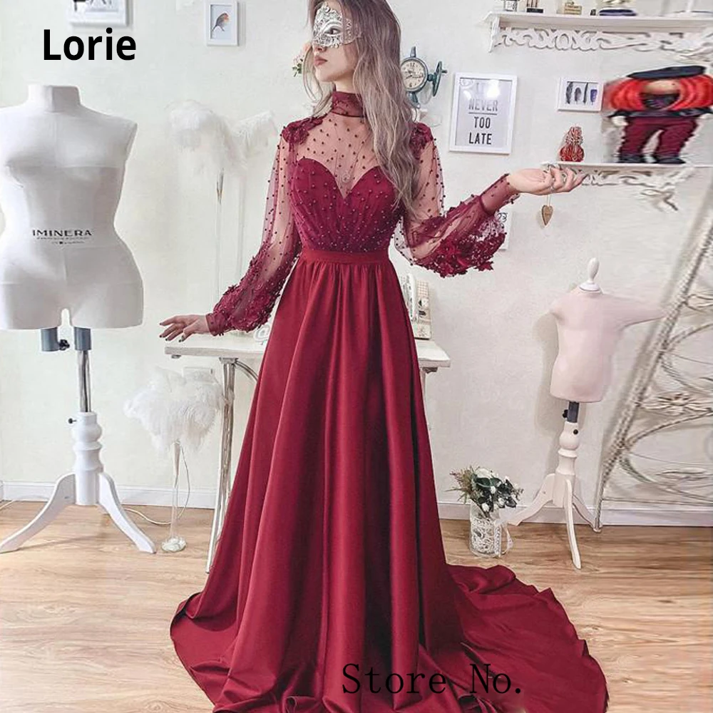 

Вечернее атласное платье Lorie, бордовое, с длинным рукавом и 3D цветами, вечернее платье из жемчуга