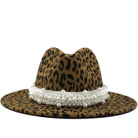 women men wool fedora hat with pearl ribbon gentleman elegant lady winter autumn wide brim church panama leopard print jazz cap