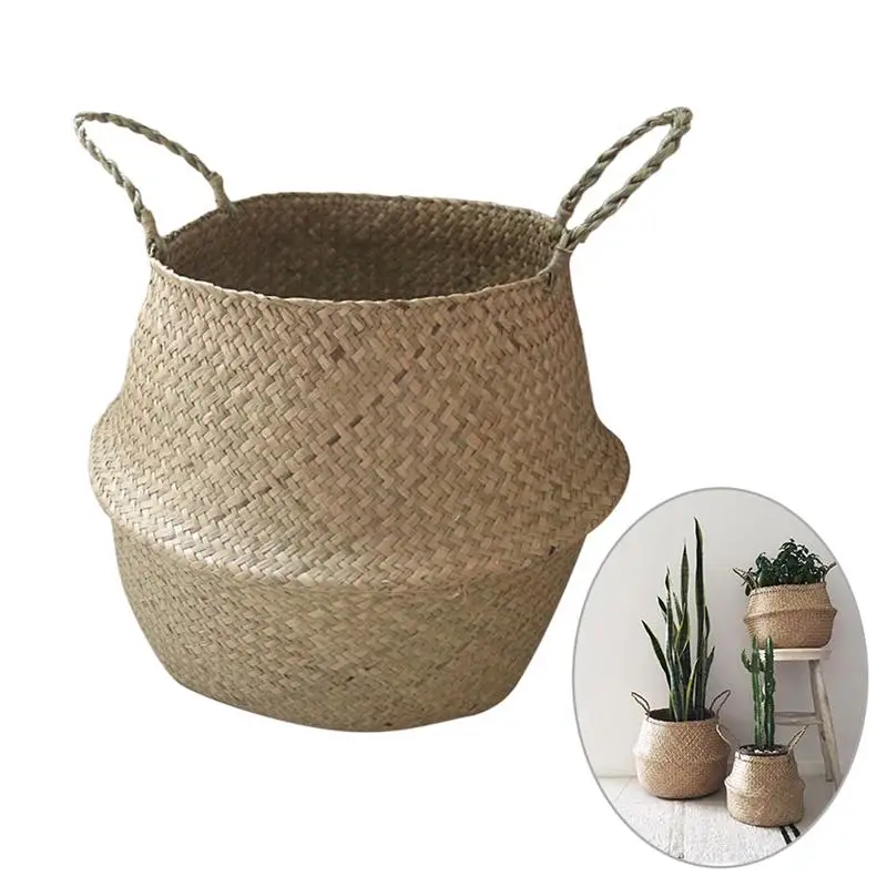 

Handmade Woven Storage Basket Seaweed Rattan Storage Basket Dual Handle Flower Plant Pot Wicker Basket Home Garden Accessories