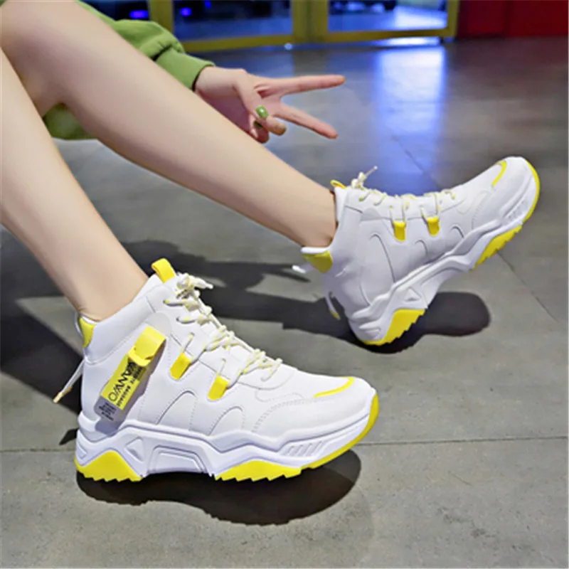 

2020 Spring High Top Women Shoes Leather Chaussures Femme Chunky Sneakers For Women Casual Shoes White Dad Shoes Ladies Trainers