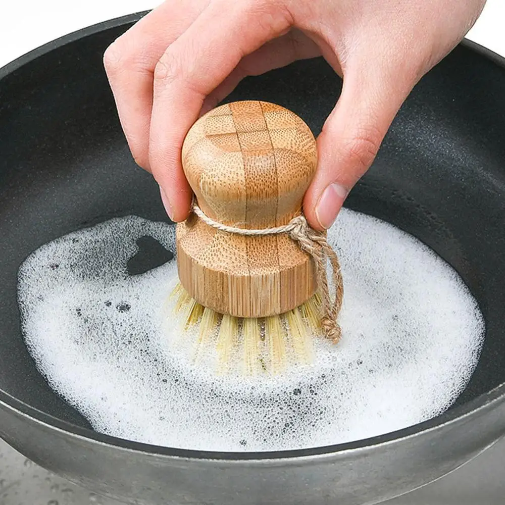 

Dishwashing Brush Bamboo Pot Brush Kitchen Cleaner Palm Short Handle Round Sisal Thick Brown Dish Brush Scrubber Cleaning Tools