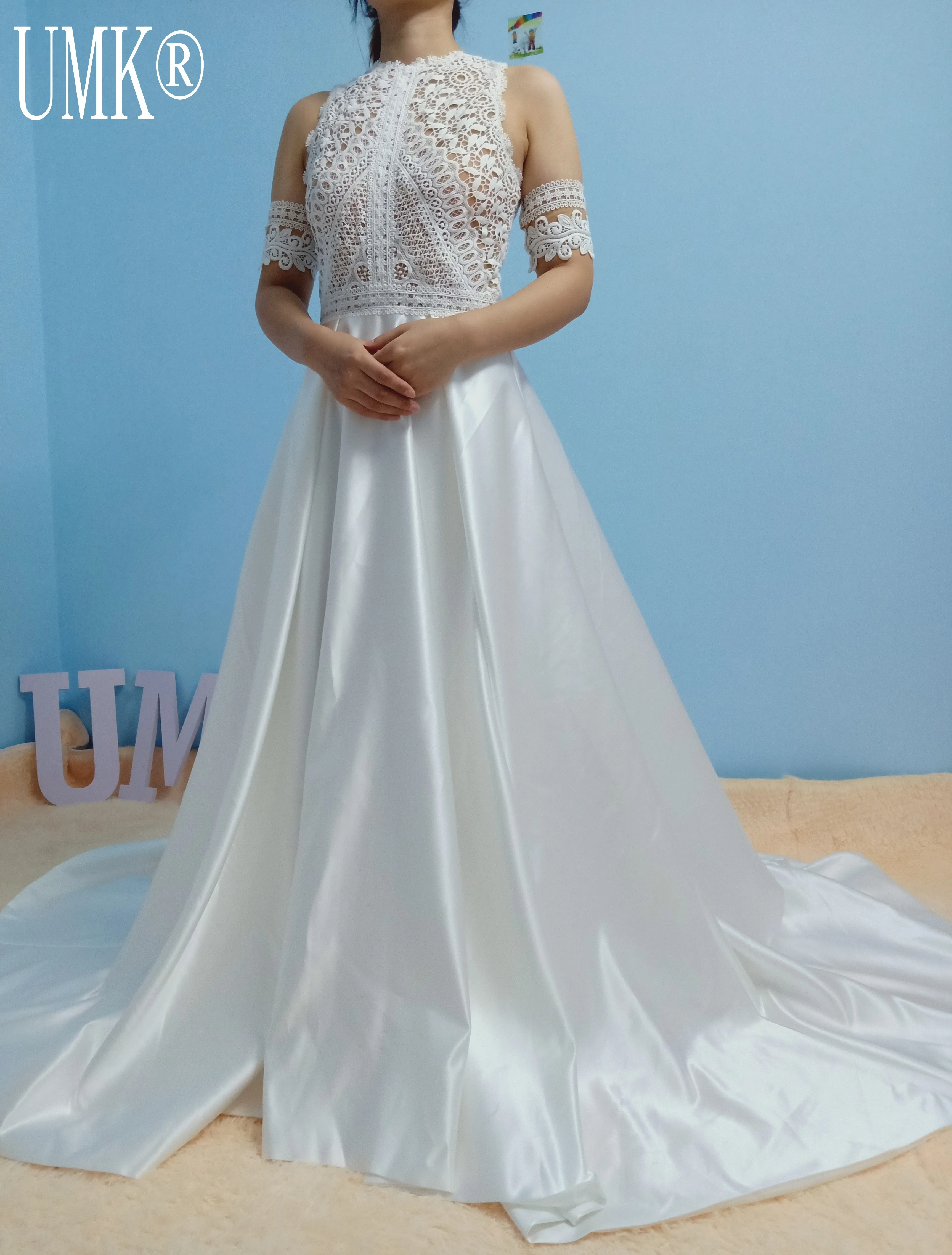 Атласное свадебное платье UMK в стиле бохо кружевное платье-трапеция со съемным