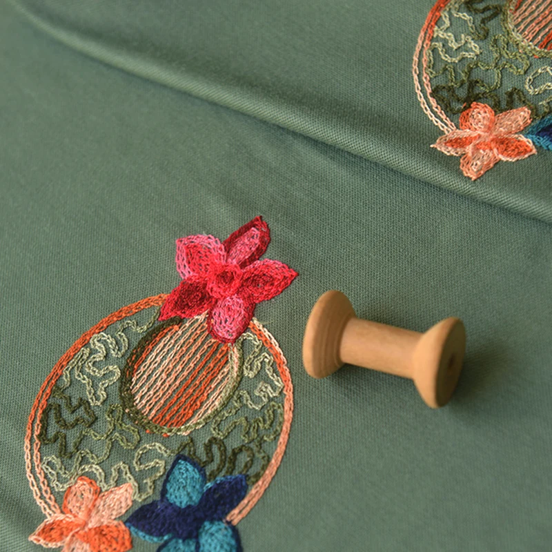 

Deep Aye-green Embroidered Knitted Linen Fabric Tops Shirts Dresses Handmade Fabrics