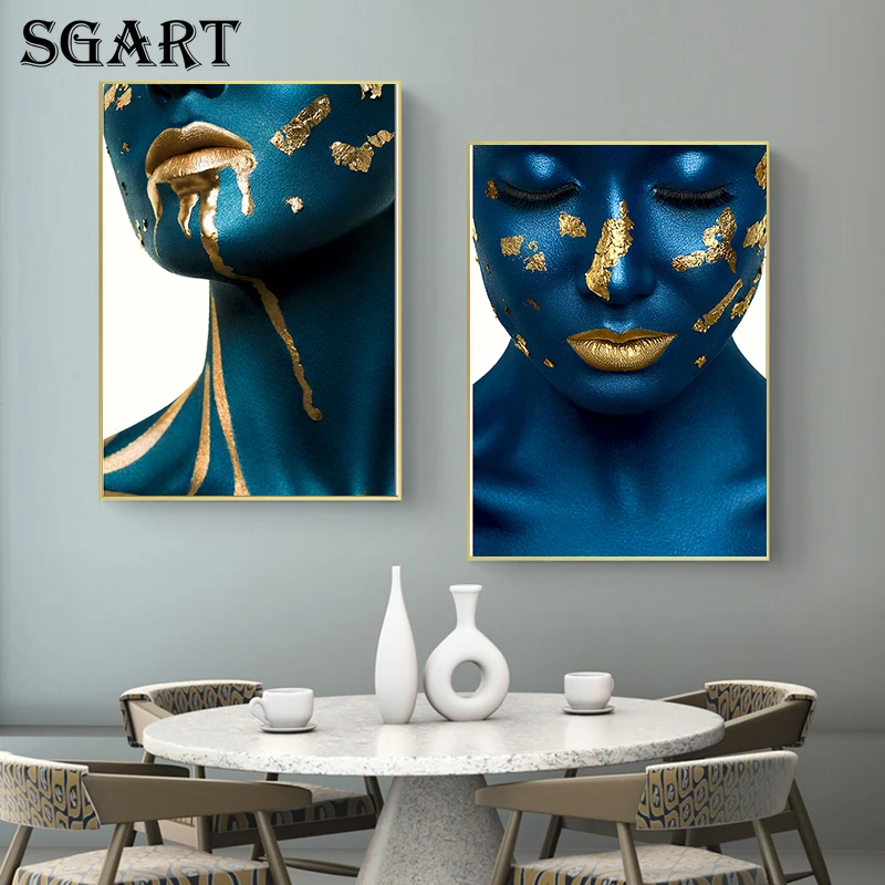

Gold Blue Sexy Woman Canvas Painting African Girl Poster And Prints Modern Portrait Wall Art Pictures For Living Room Home Decor