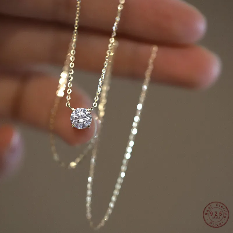 925 Perak Murni Prancis Liontin Kristal Sederhana Kalung Rantai Tulang Selangka Pesta Mewah Ringan Wanita Perhiasan Emas 14K