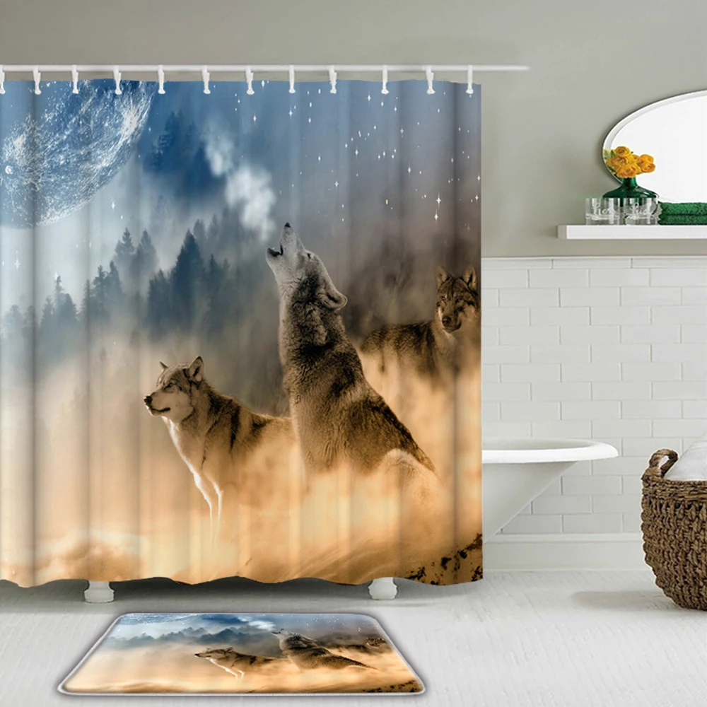 

3D HD Printed Fabric Wolf Shower Curtains Waterproof Bathroom Curtain Set Animal Tiger lion With Non-Slip Rugs Toilet Bath Mat