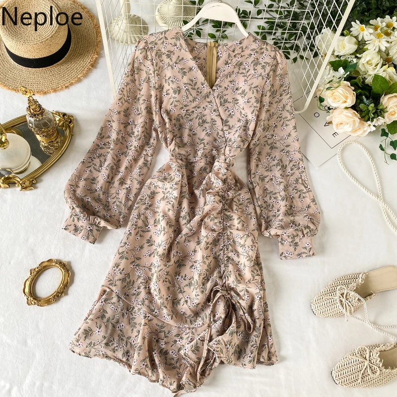 Женское платье с цветочным принтом Neploe французское v образный вырез длинный