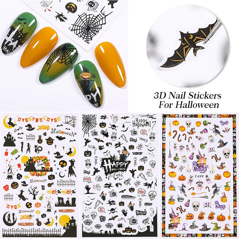 1PC Christmas Halloween 3D Nail Stickers Cartoon Santa Claus Bat Pumpkin Transfer Decals Decoration Manicures Accessories | Красота и