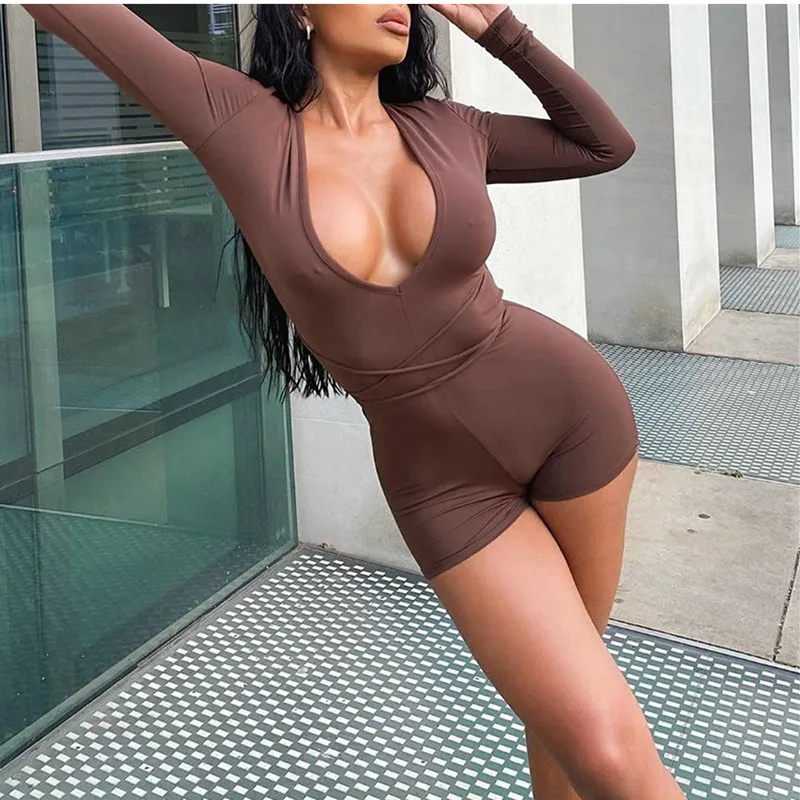 

Sexy Low-cut Solid Color Summer Slim-fit Halter Drawstring Women Jumpsuit 2020 Bodycon Party Nightclub Movement Bodysuit Rompers
