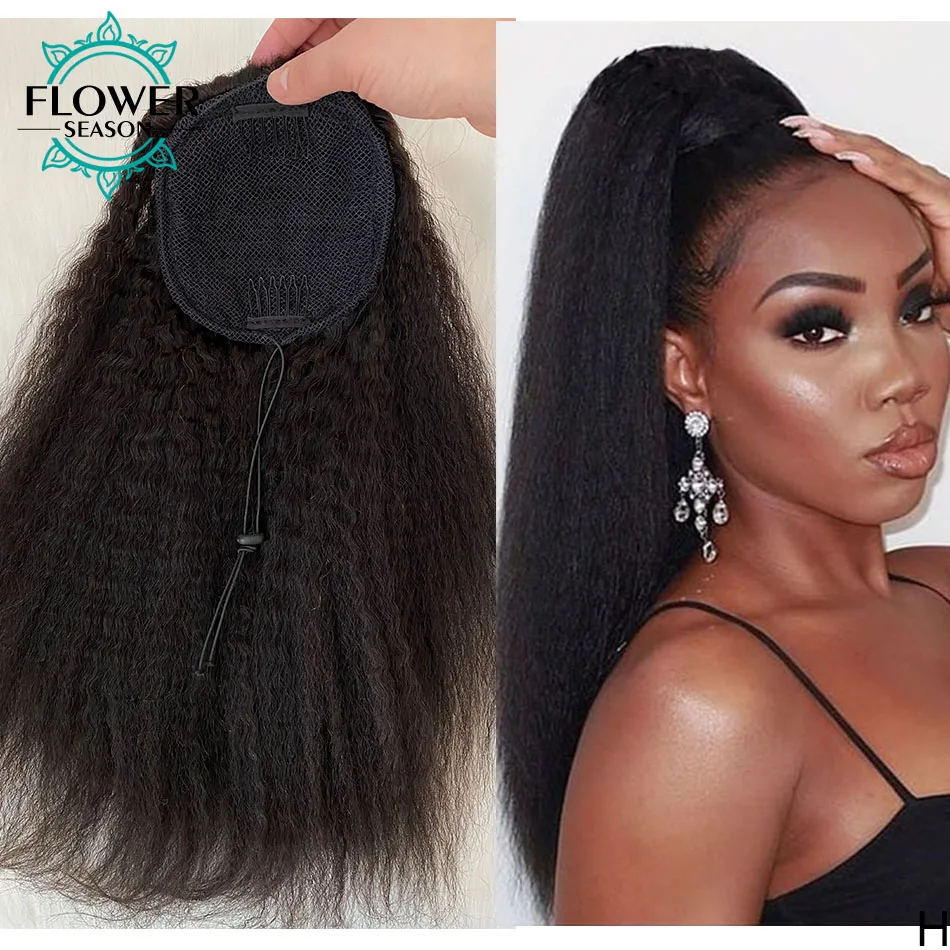 Kinky Straight Human Hair Ponytail Extensions Clip Ins Indian Remy hair Wrap Around Drawstring Ponytail for women Flowerseason
