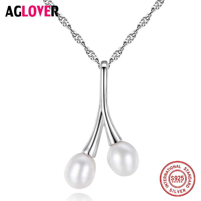

AGLOVER 100% 925 Silver Necklace Natural Freshwater Pearl Chain Fine Two pearls Pendant Necklace Women Jewelry Gift Wholesale