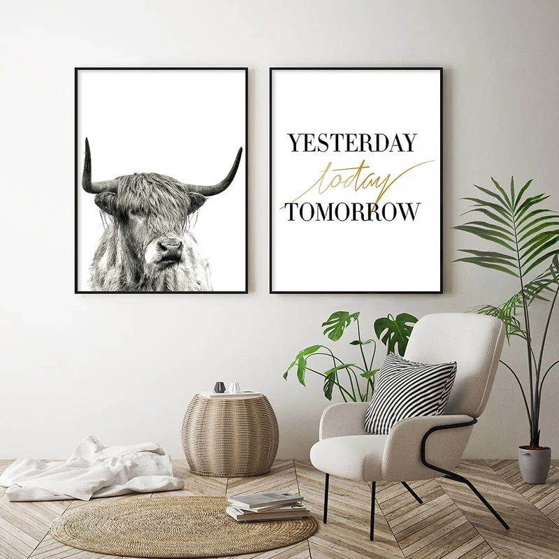 Скандинавская ферма корова дом пейзаж холст картина мотивационный плакат черная