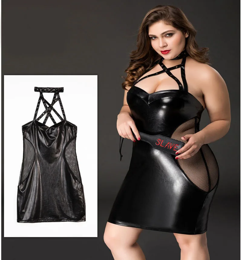 

Women's Large Size Sexy Leather Dress Dance Costume Set Sexy Broadside Mesh Cosplay Uniform Temptation