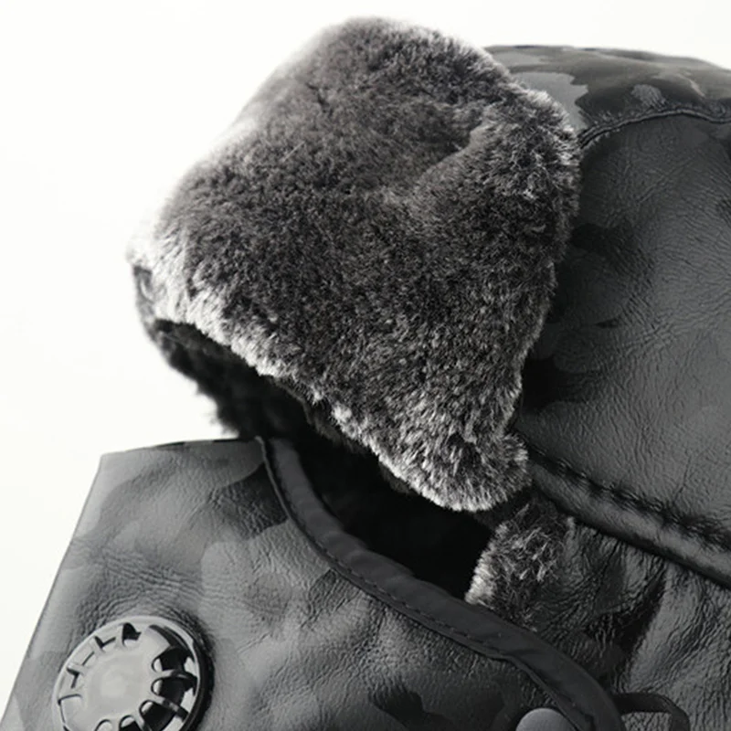 

Army Military Men&Women PU leather Winter Bomber Hat with mask warm Faux Fur Pilot Earflap Trapper Snow ski Cap
